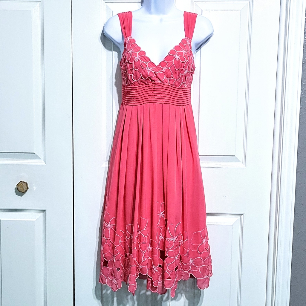 Antonio Melani Pink Floral Dress Embroidered Applique Chiffon Flowey Ple